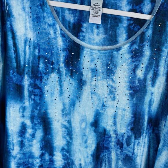 Catherines Plus Size 0X 14 16 Printed Embellished Asymmetric Tunic Top Blue - Picture 3 of 5